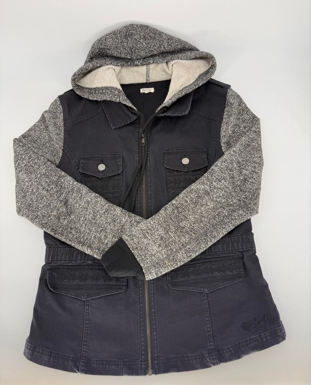 Rip Curl Womens M Black Denim Gray Knit Sleeve Hooded Utility Jacket